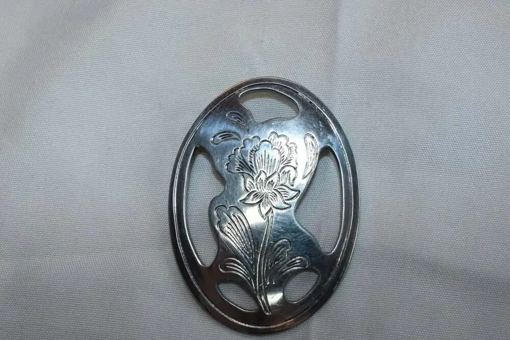 Kirk Stieff Vintage Pewter Floral Etched Openwork Oval Brooch Pin